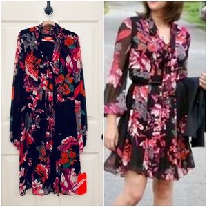 KIRNA ZABETE by Target Pussy Bow tie floral pleated retro BLACK Dress XS NWT